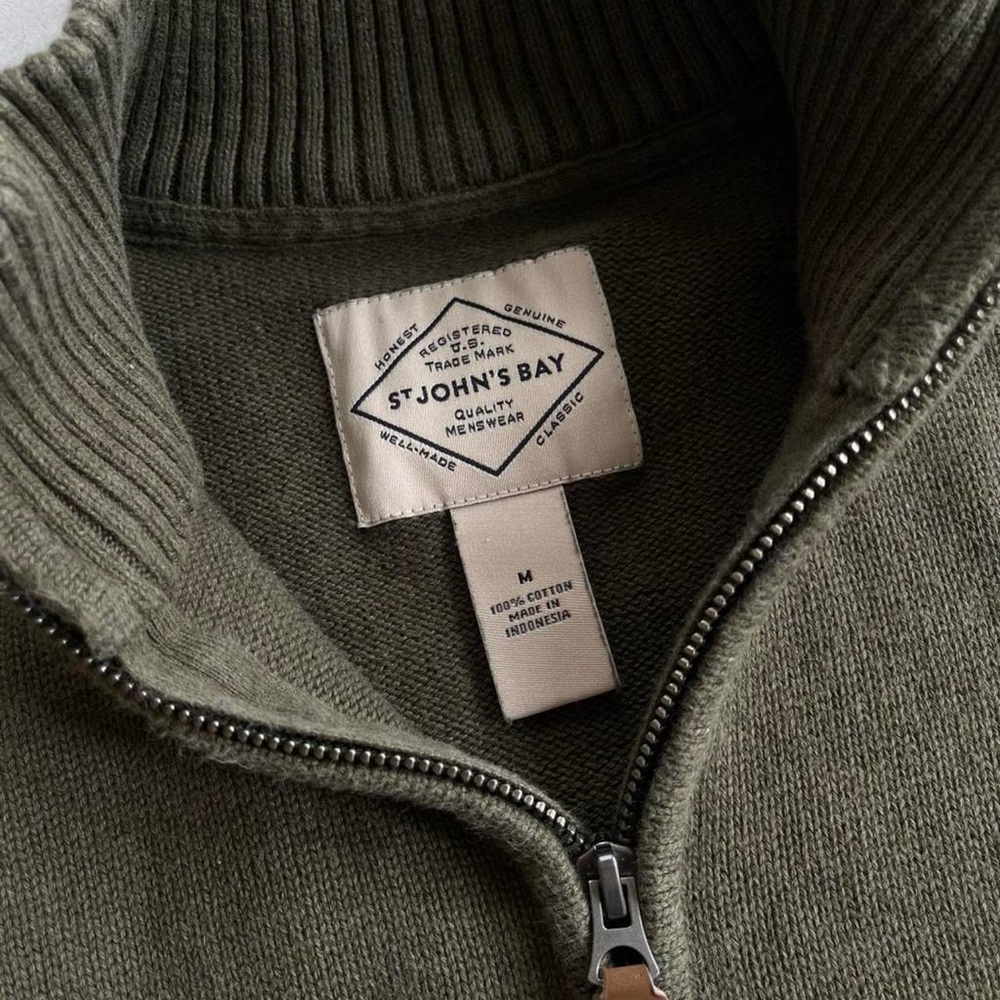St. John’s Bay Earthy Green Quarter Zip Mockneck Cotton Knit Sweater - Picture 3 of 5